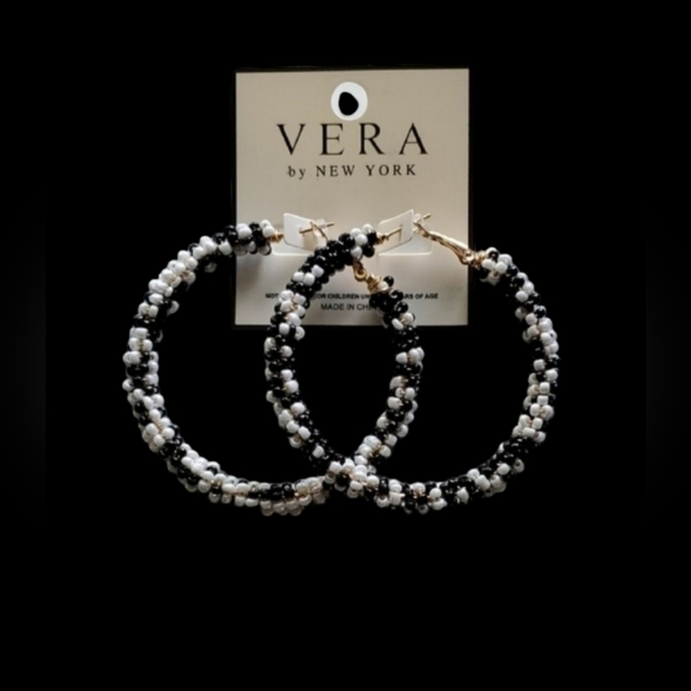 Black and White Beaded Hoop Earrings